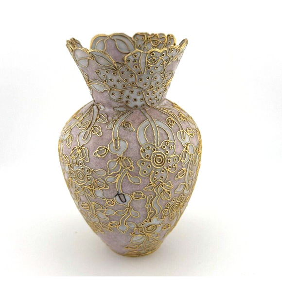 LOVELY - VTG Cloisonne Enamel Pink & Gold Flowers Vase 5 1/4in tall Twisted Wire - Picture 4 of 10